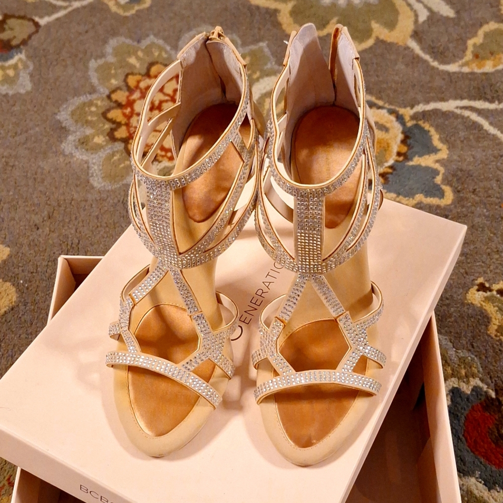 BCBG Beige, gold heel with silver bling